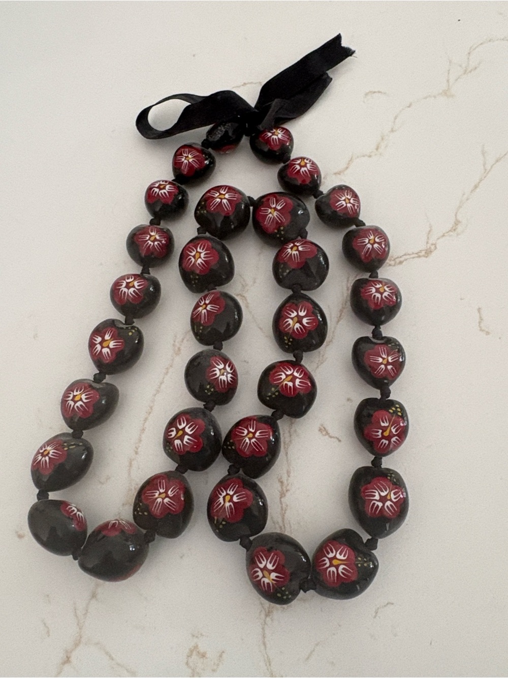 Hand-Painted Black and Red Floral kukui nut Necklace